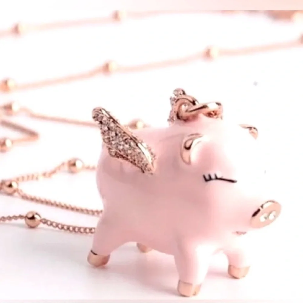 Authentic Kate Spade Cute Necklace Drop Flying Pig Lever Back Pink & Rose Gold